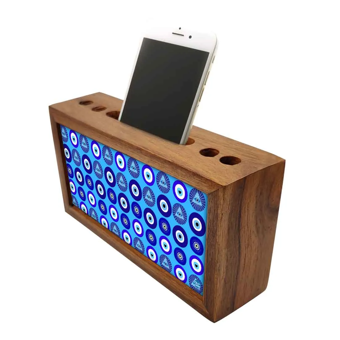 Wooden Pen Holder with Mobile Stand Desk Organizer for Office - Evil Eye Protector-