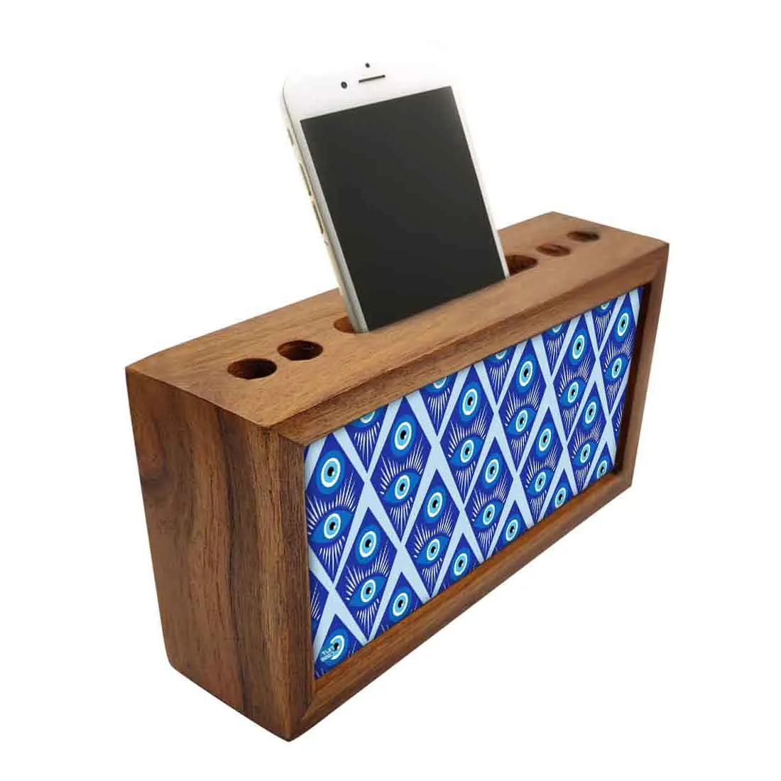 Wooden Pen Holder with Mobile Stand Desk Organizer for Office - Evil Eye Protector-