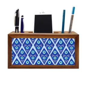 Wooden Pen Holder with Mobile Stand Desk Organizer for Office - Evil Eye Protector-