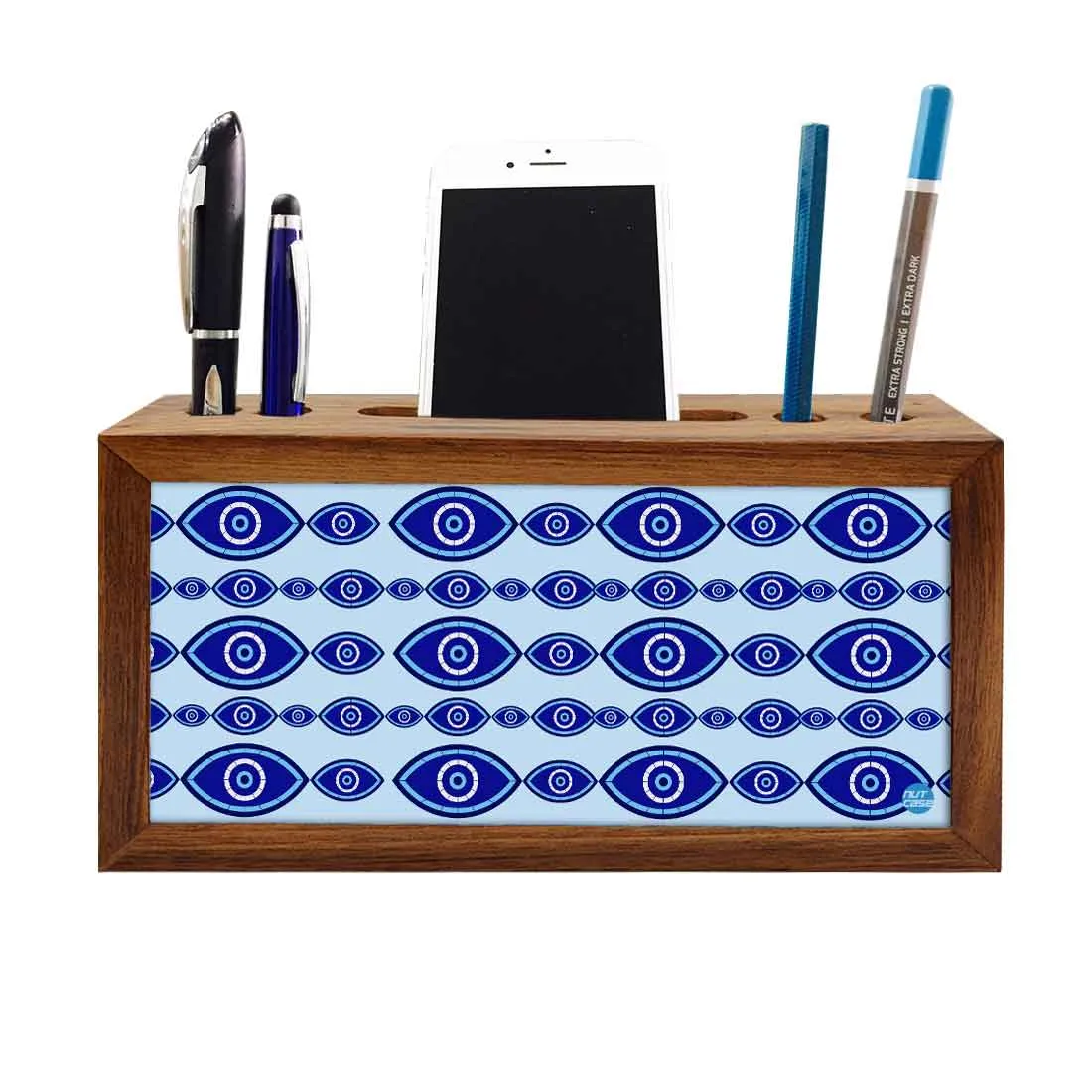 Wooden Pen Holder with Mobile Stand Desk Organizer for Office - Evil Eye Protector-