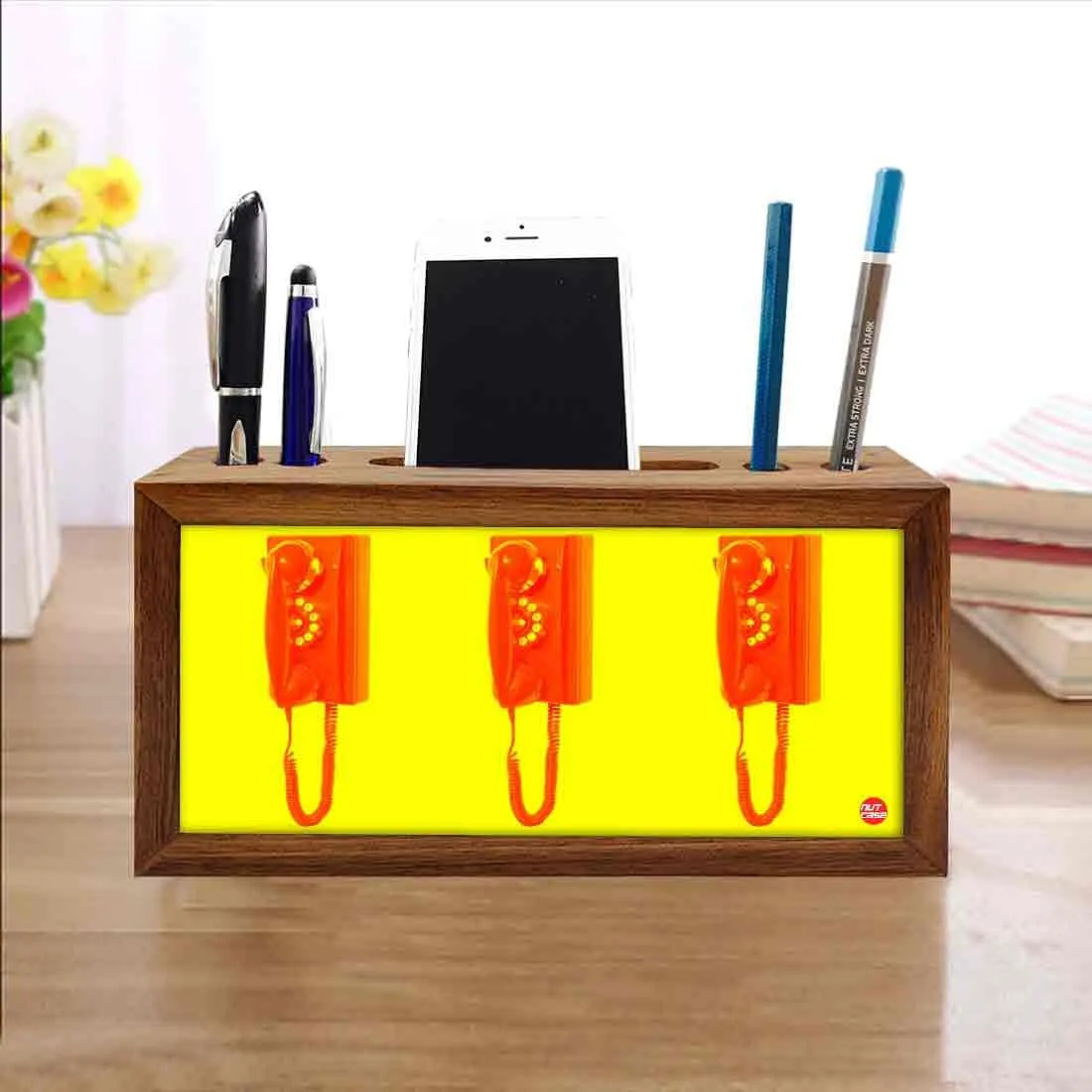 Wooden pencil organizer Pen Mobile Stand - Red Phone