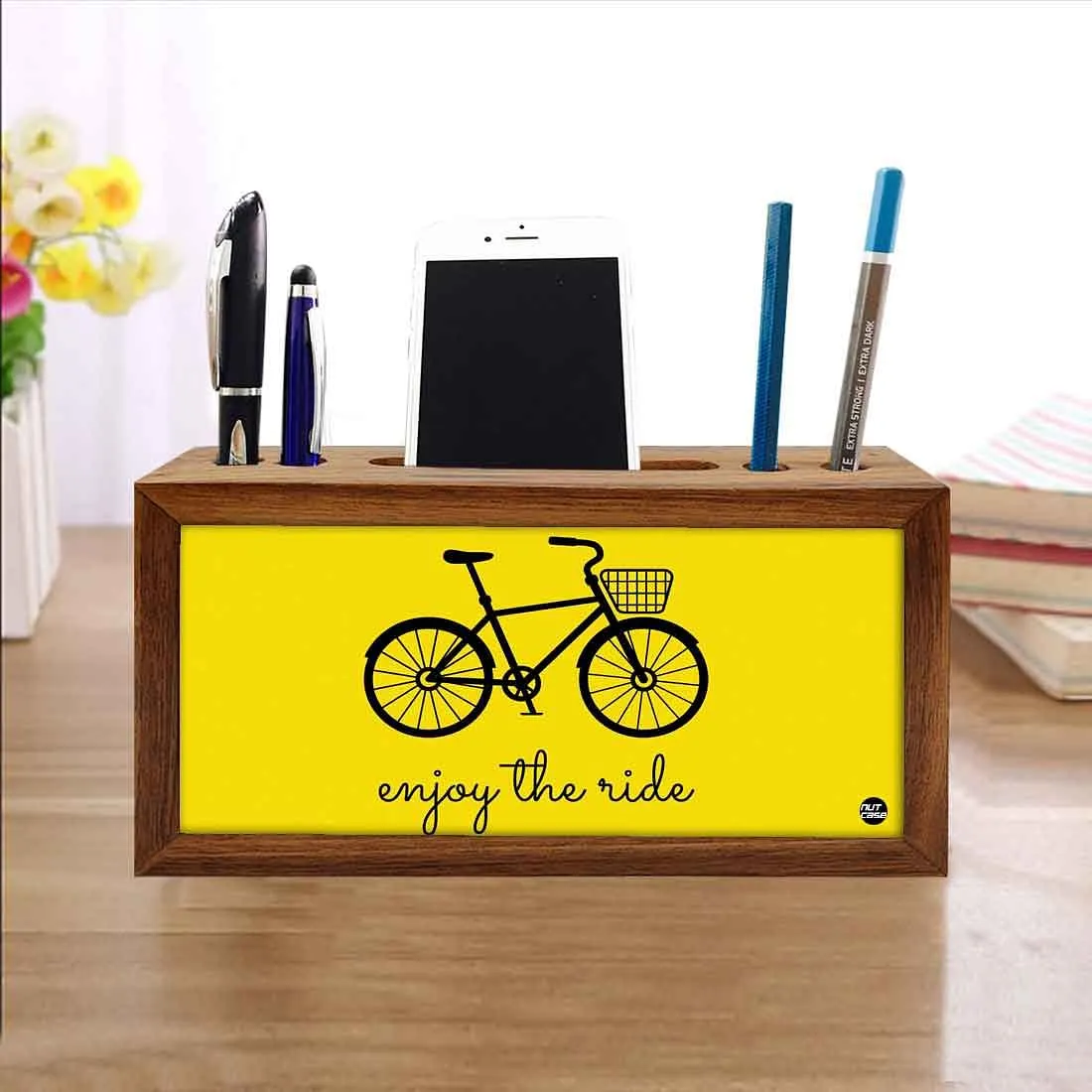 Wooden Stationery Organiser Pen Mobile Stand - Enjoy The Ride