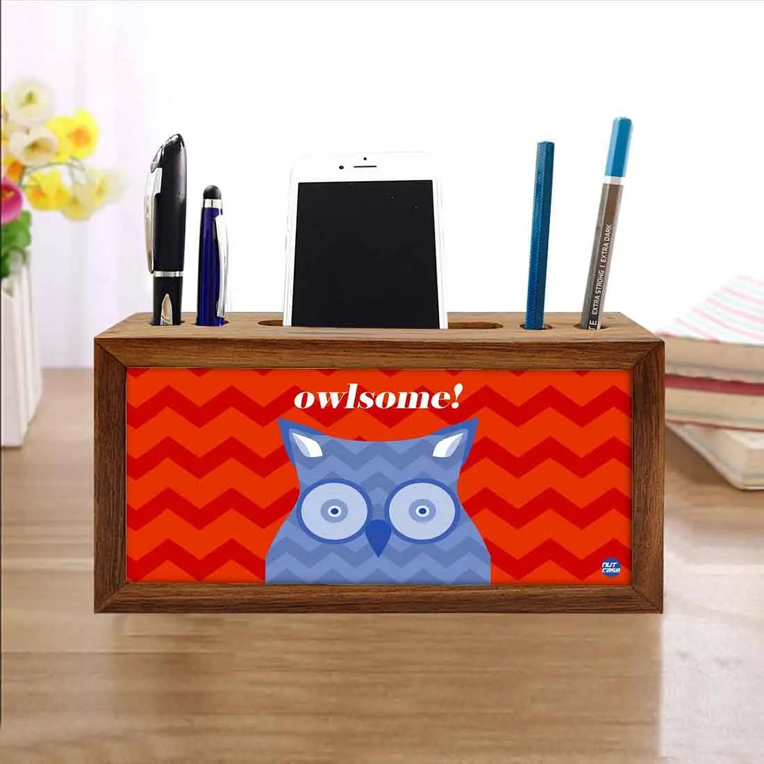 Wooden stationery organizer Pen Mobile Stand - Owlsome